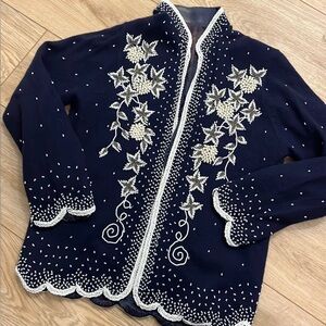 Navy Beaded Cardigan with Floral Design
